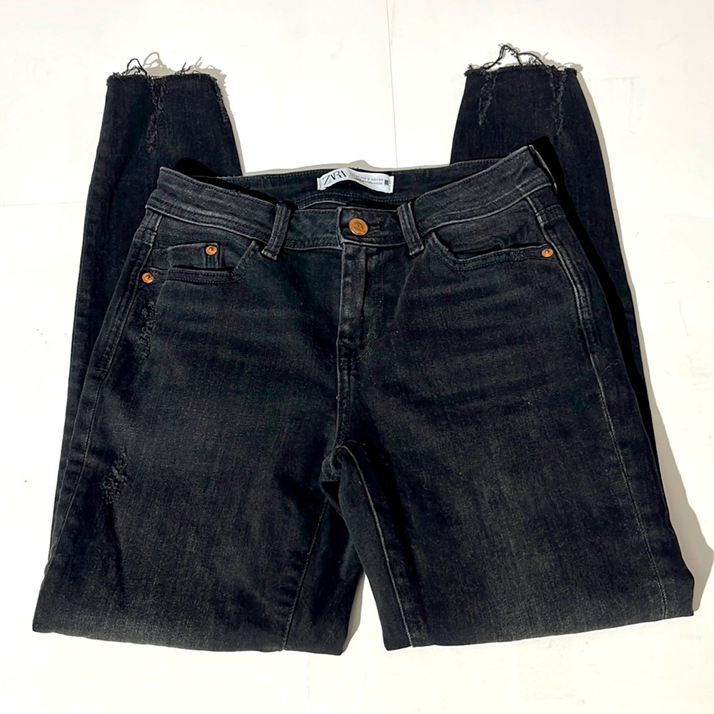 Zara Denimwear womens distressed skinny tapered jeans black sz 2 denim